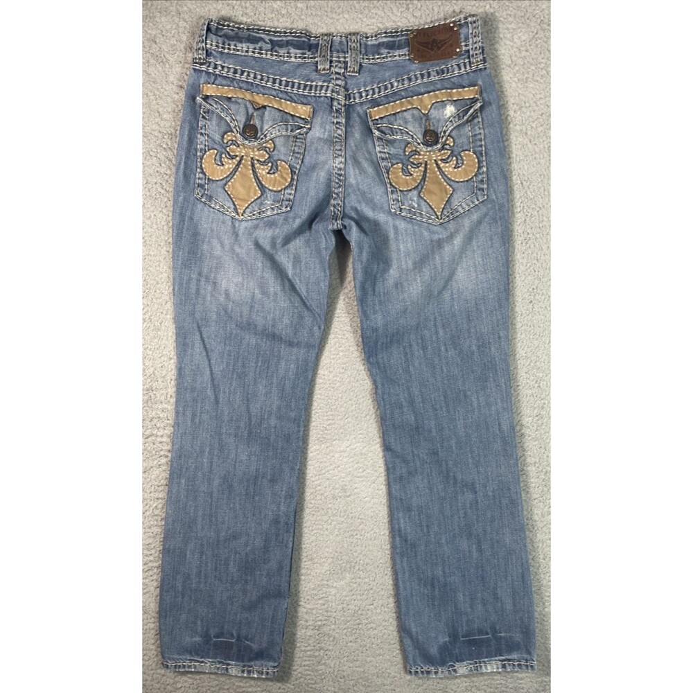 Affliction Cooper Jeans Relaxed Bootcut Mens 36x33 Blue Distressed Flap Grunge
